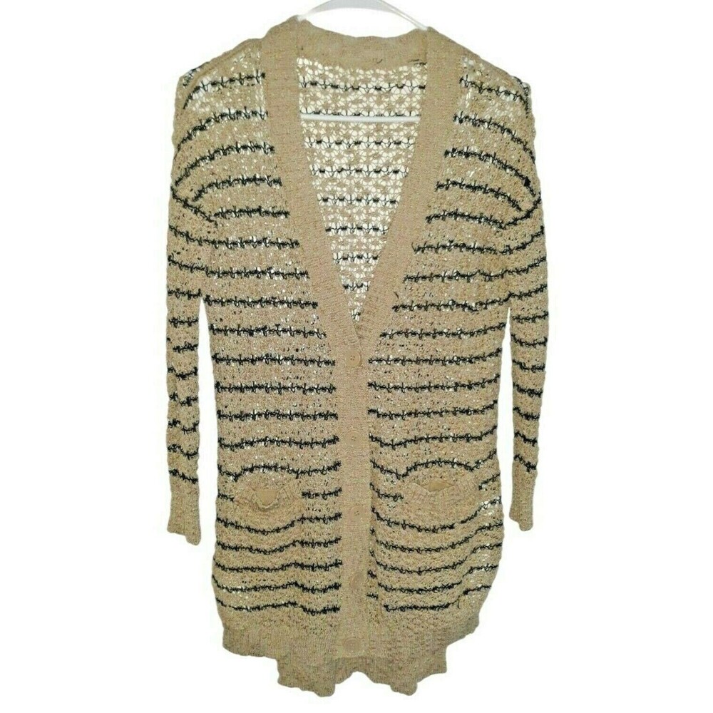 Jessica Simpson Slouchy Striped Tan/Brown & Black Cardigan Pockets Size XS
